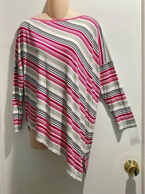 St. John Striped Stretch Rayon Asymmetric Hem Dropped Sl. Boatneck Coastal Top M